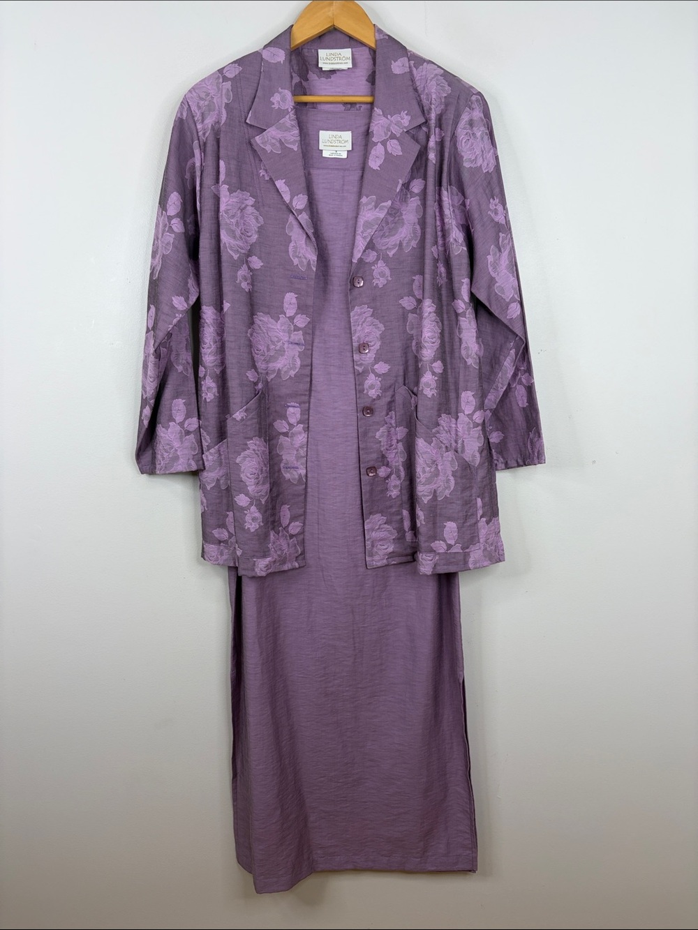 Linda Lundstrom Dress Jacket Set Womens Small Purple Floral Linen Cotton MOB